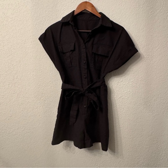Women's Black Linen Blend Collared Romper - Picture 2 of 11